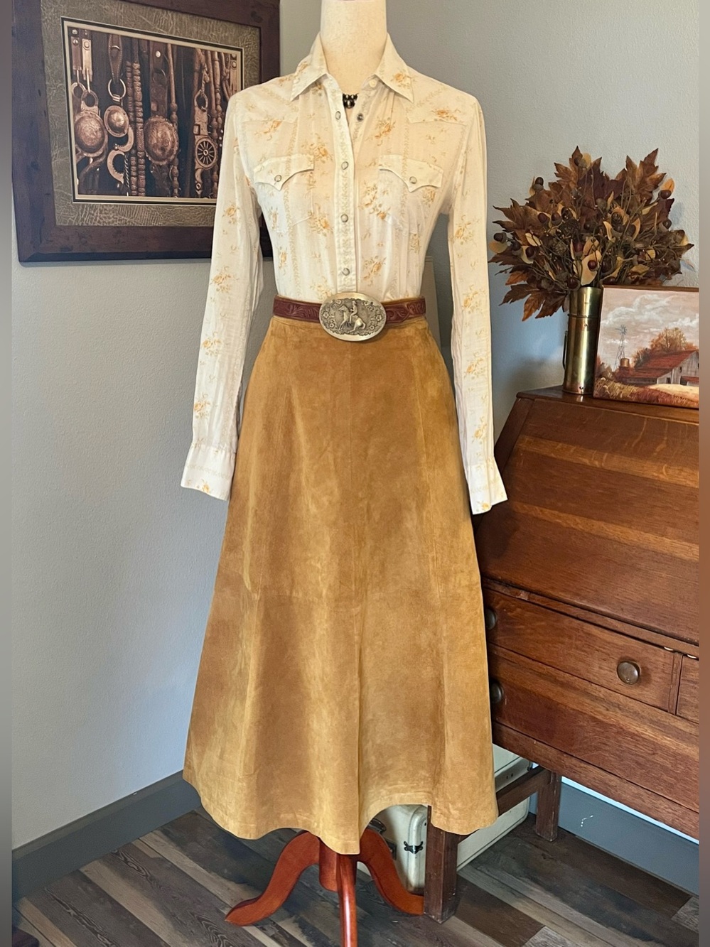 Vtg Ralph Lauren insp. Western Genuine Leather Suede A-line skirt Caramel